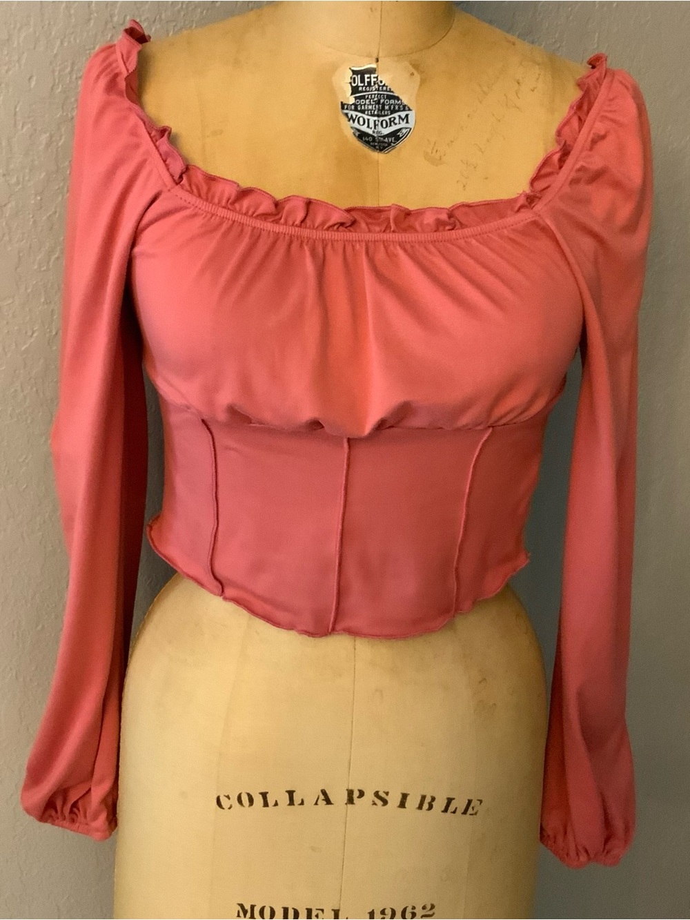 Moa Moa Dusty Pink Ruffled Long Sleeve Crop Top, Milkmaid, Peasant, Corset